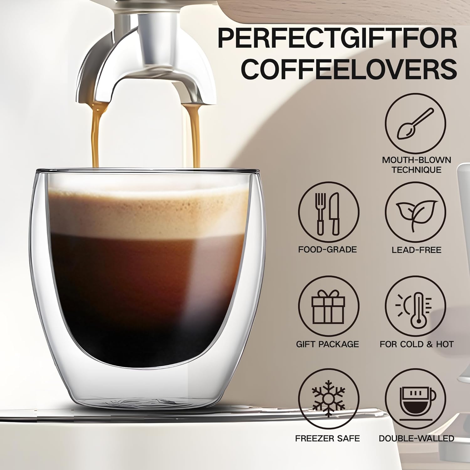 Set of 4 Double Walled Glass Coffee Mugs 8 Ounces Insulated Layer Cups Borosilicate Espresso Cup for Hot Beverage,Cappuccino,Tea,Latte,Wine,Microwave Safe
