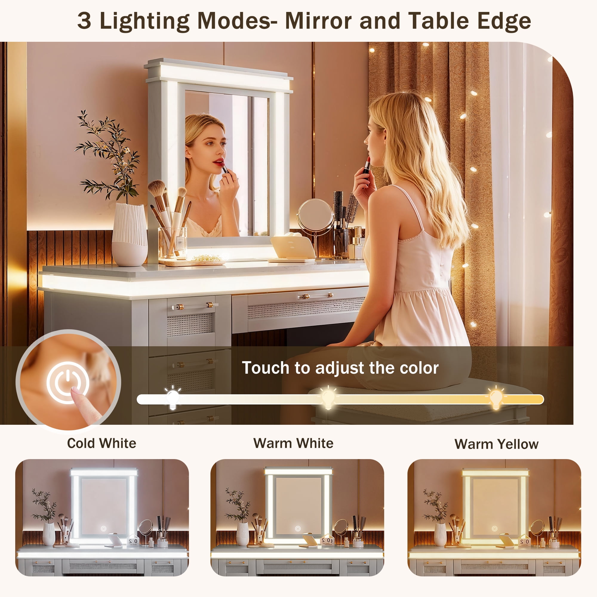 Euroco 48 inch Vanity Desk with Mirror and Lights, Makeup Vanity with 7 Drawers and Cushioned Stool, Classic Grey Finish Dressing Table with Hollow