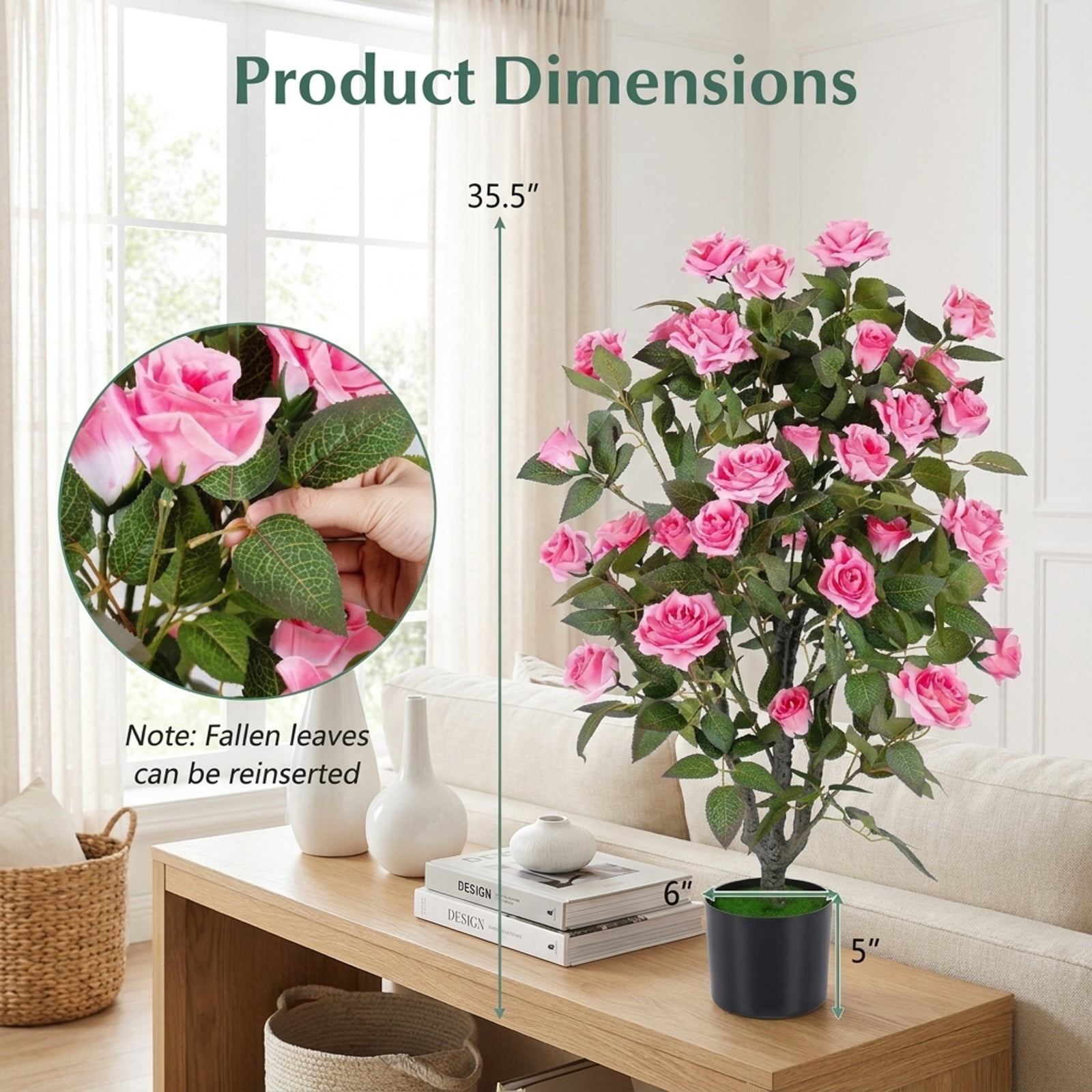 Vebreda Artificial Plant Decor, Set of 2 Artificial Rose Tree with Blooming Flowers and Green Leaves for Indoor, Beautiful & Lifelike Rose Tree