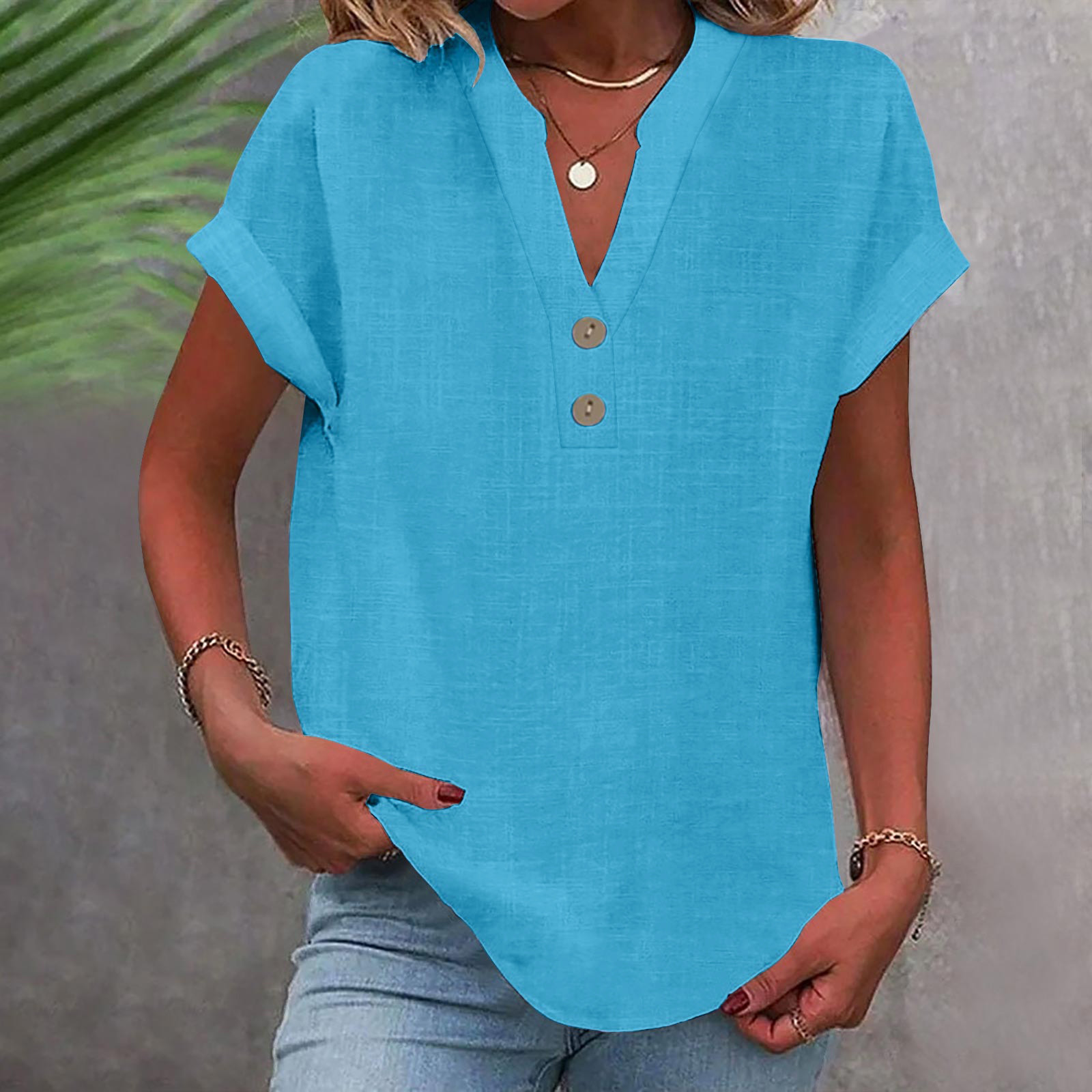 Kctiaxy V Neck T Shirts for Women Casual Loose Fitting Short Sleeve Blouses for Women Button Soild Color Tops Trendy Clothes XL
