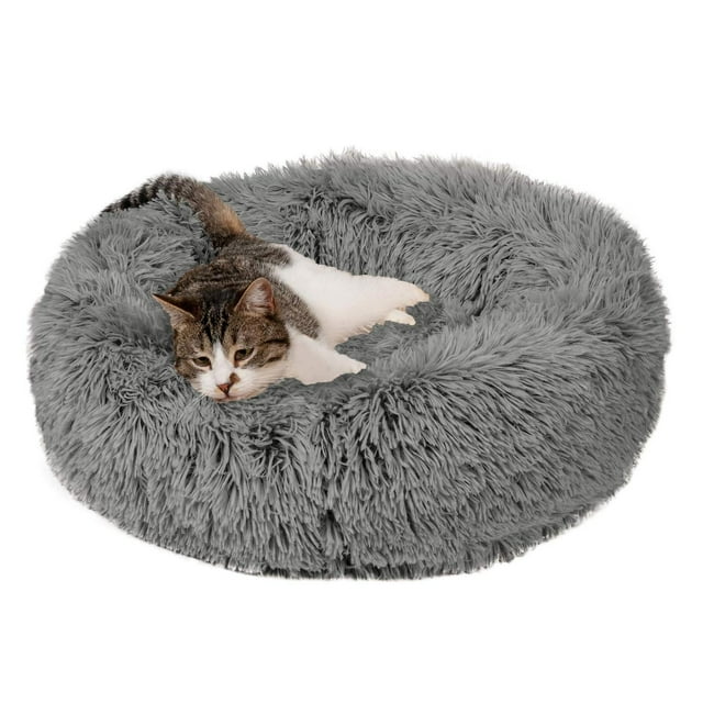 Cama Redonda para Perro Furhaven Gris Felpa Largo Lavable Pequeña