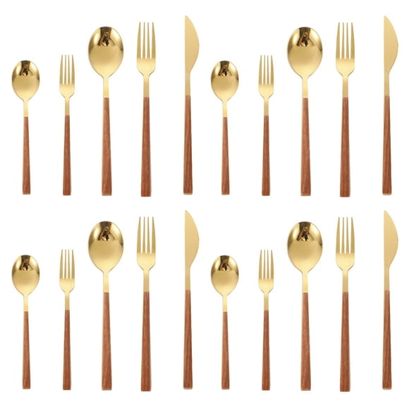 Set 20 Pieces, Wood Surface Handle And Matte Gold Head Flatware Set, Stainless Steel Cutlery Set, Utensil Sets, Service Set for 4