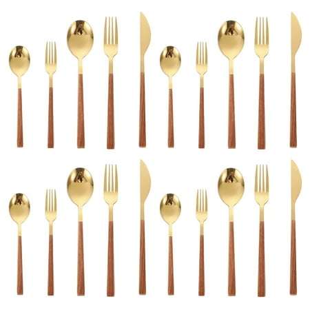 

Set 20 Pieces Wood Surface Handle And Matte Gold Head Flatware Set Stainless Steel Cutlery Set Utensil Sets Service Set for 4 - Golden Square Shank