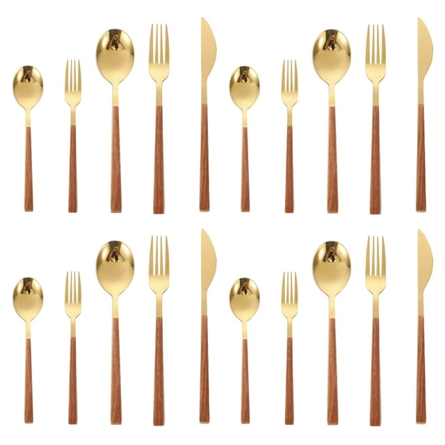 Set of 20 pieces, wood surface handle and matte gold head flatware set, including dinner knives, forks, spoons, teaspoons, and salad forks. This stainless steel cutlery set features a burnished finish, smooth edges, and a stylish design. Ideal for service for 4, dishwasher safe, and suitable for dining and entertaining.