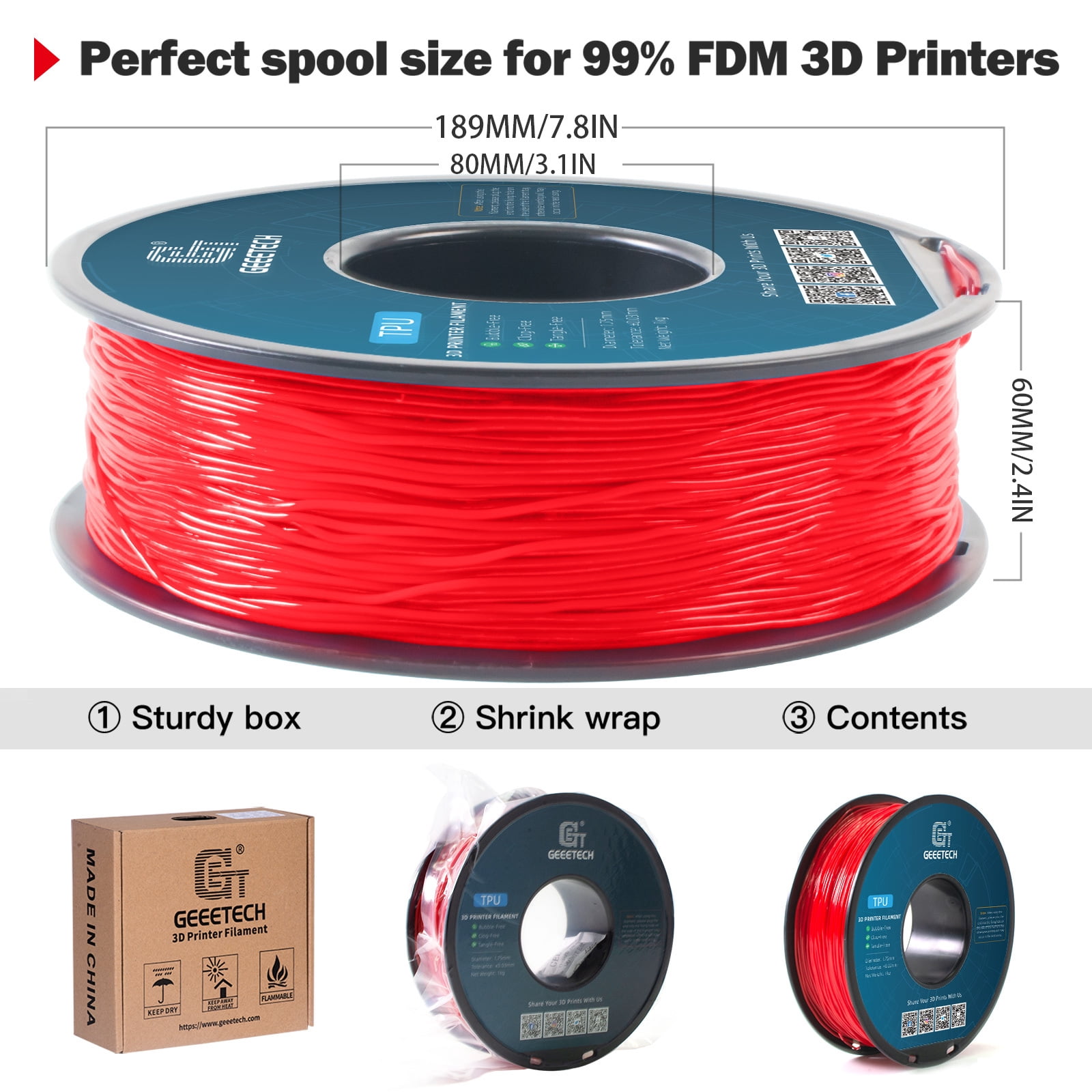 Geeetech 5pcs TPU Filament 1.75mm, Flexible 3D Printer Filament Roll, 5kg（11ibs） Spool, Dimensional Accuracy +/- 0.03 mm, Fit Most FDM Printer (TPU red)