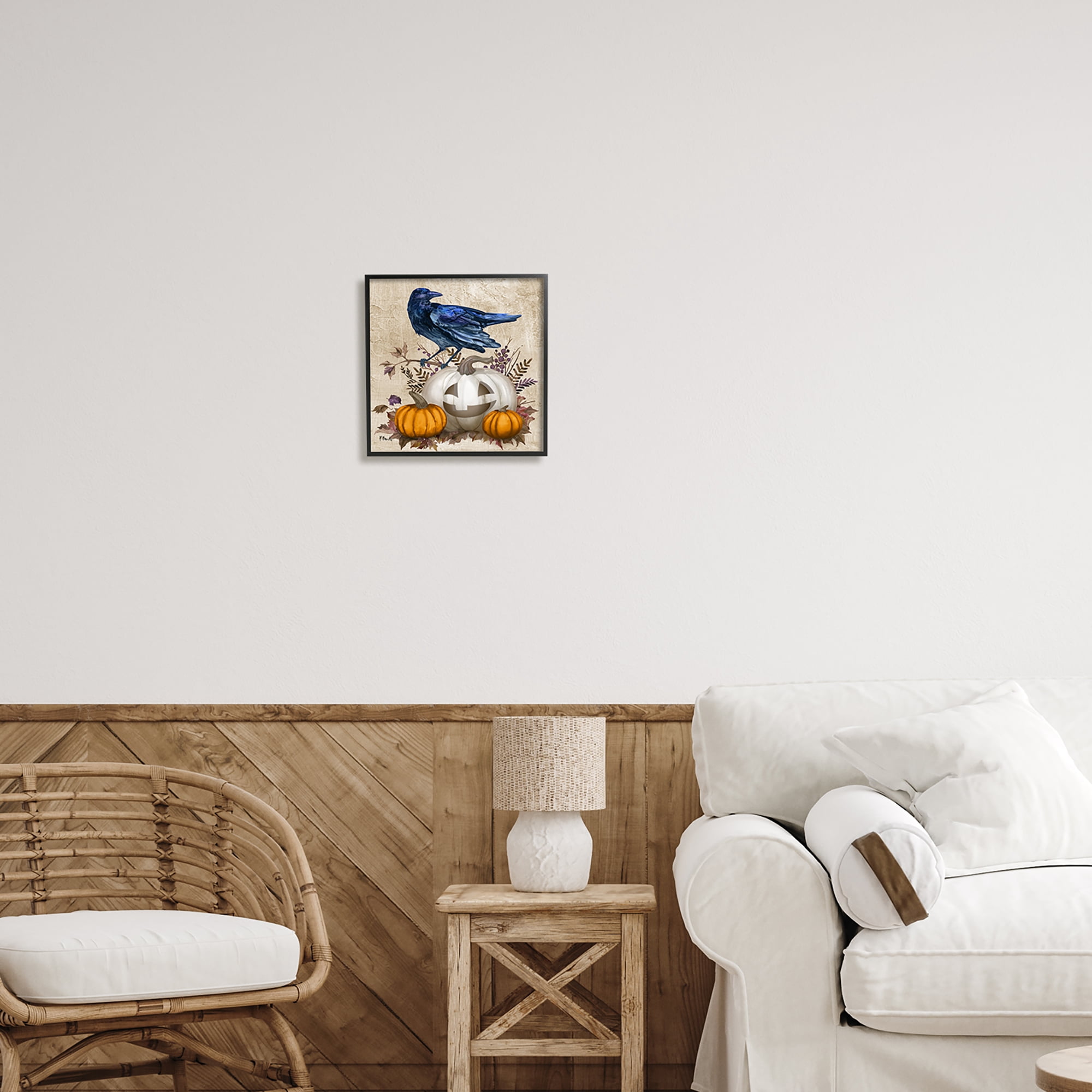 Stupell Industries Raven & Jack-o-Lantern Holiday Painting Black Framed Art Print Wall Art, 12 x 12