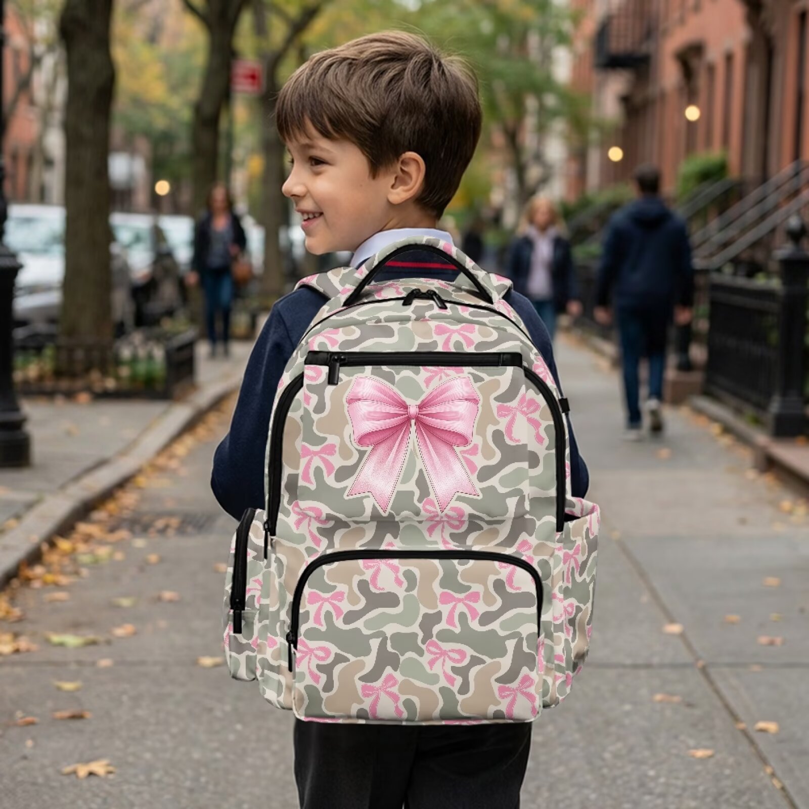 Mochila escolar para adolescentes, rosa salvia con moño camuflaje para niñas de 17 pulgadas, compatible con laptop de 15.6, correas ajustables ligeras para preparatoria 4