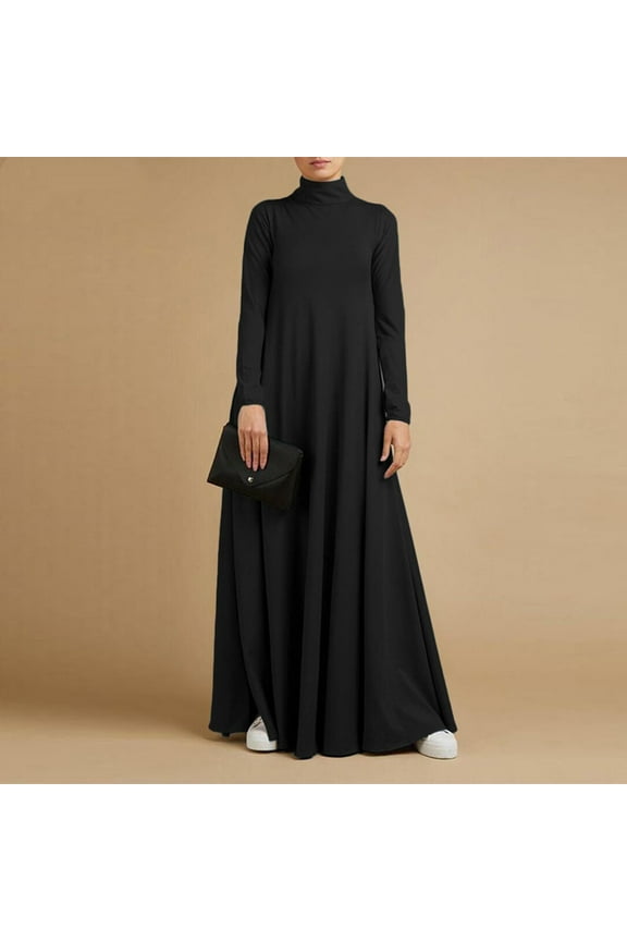 Women Plus Size Maxi Dresses Long Sleeve High Neck Loose Flowy Solid Casual Basic Summer Church Beach Vacation Dresses, Black 2XL