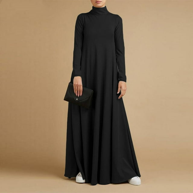 Gspmoly Robes d'Été pour Femmes, Robe Décontractée Grande Taille Col Haut Couleur Unie Manches Longues Hiver Automne Basique Maxi Longue Robe Quotidienne Vacances Mariage Robes pour Femmes en Liquidation