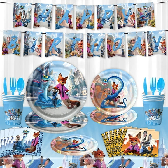 Zootopia Birthday Party Set, 106 pieces including a Zootopia birthday party banner, tablecloth, plates, paper cups, cutlery, napkins, etc., suitable for both boys and girls' themed party supplies.