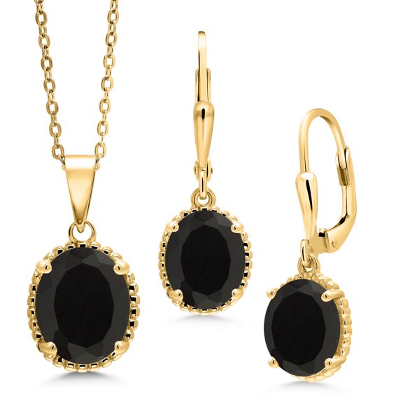 Gem Stone King 7.00 Ct Oval Black Onyx 18K Yellow Gold Plated Silver Pendant and Earrings Jewelry Set