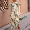 thumbnail image 2 of Women'S 2 Piece Linen Short Sleeve Set Crewneck Tops Wide Leg Pants Set Plus Size Summer Outfit White Leaves XXL, 2 of 4
