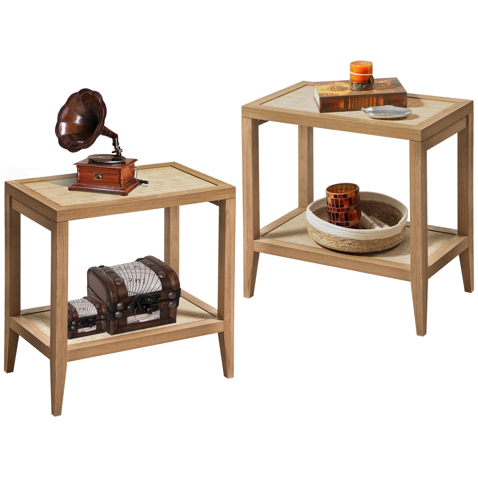 Omni House Boho Rattan Nightstand Set of 2,Bedside Table with 2 Rattan