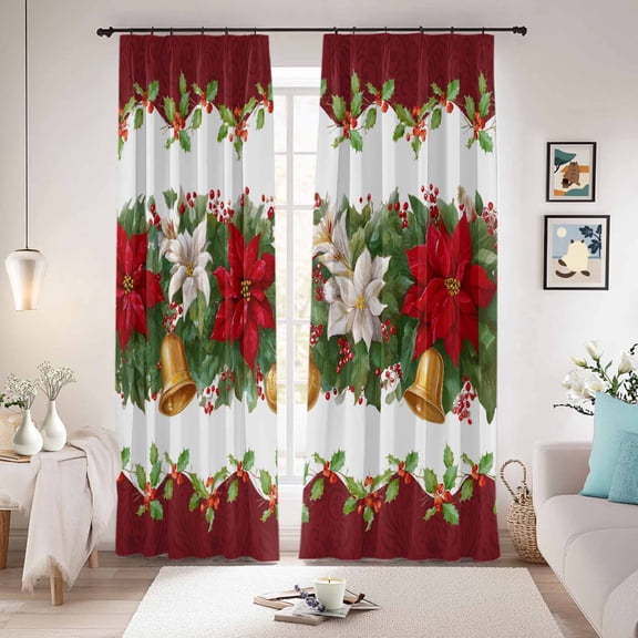 Christmas Poinsettia Blackout Curtains for Bedroom/Living Room, Pinch Pleated Black Out Curtains, Winter Xmas Floral Bell Botanical Room Darkening Window Drapes with Hooks 2 Panels, 39"x70"