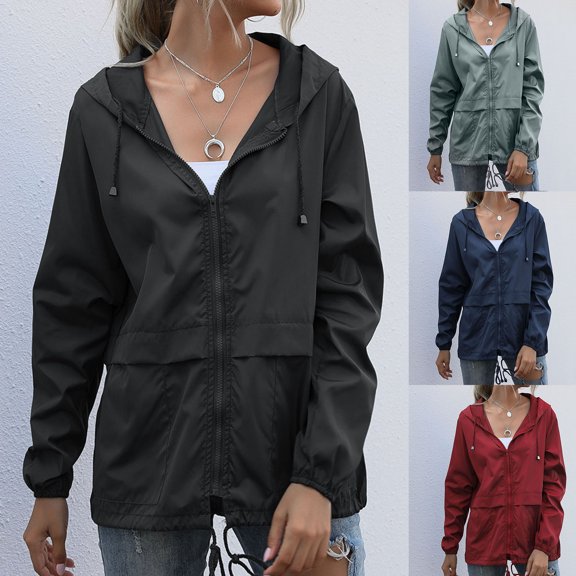 Joernso Hooded Jacket Solid Color Zipper Closure Thin Long Sleeve Windproof Women Jacket Female Clothing
