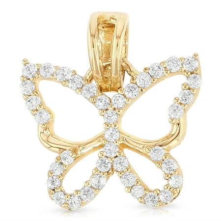 Yellow Gold Butterfly Necklace 14K Yellow Gold Cubic Zirconia CZ Hollow Butterfly Charm Pendant For Necklace or Chain ()