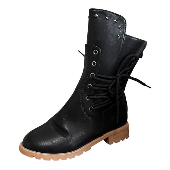 Guttear Women's Vintage Rivet Cowboy Boots Mid-Calf Boots, Non-slip Side Lace-Up Back Zip Low Heel Knight Boots Western Boots