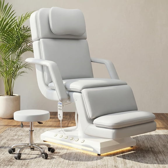 Advwin Electric Massage Table with Stool, 3-Motor Professional Spa & Facial Bed, Dual Foot Pedal & Remote Control, Height Adjustable Workstation Massage Bed for Spa & Salon, White
