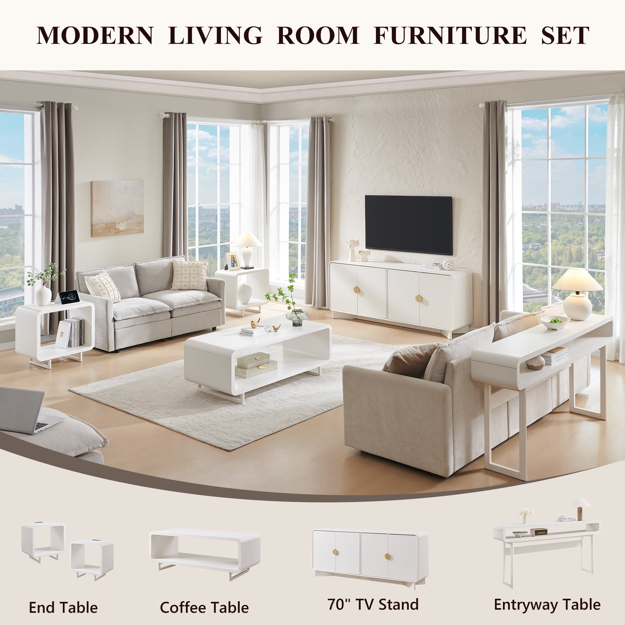 SinCiDo Modern Coffee Table with Storage Shelf, 2-Tier Wooden Rectangular Minimalist Center Table, Curved Profile Design for Living Room, Office, White