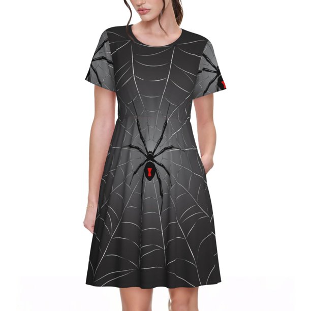 Disketp Black Spider On Web para Vestido de Manga Corta para Mujeres, Vestidos de Verano para Mujeres, Casual y Holgado para la Playa