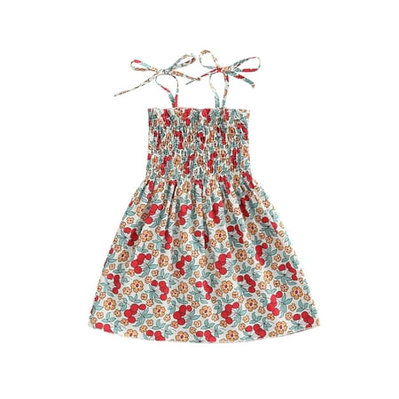 

Frobukio Little Kids Girls Sling Dress Sleeveless Tie-up Spaghetti Straps Chest Smocked Ruched Floral A-line Dress Red Floral 3-4 Years