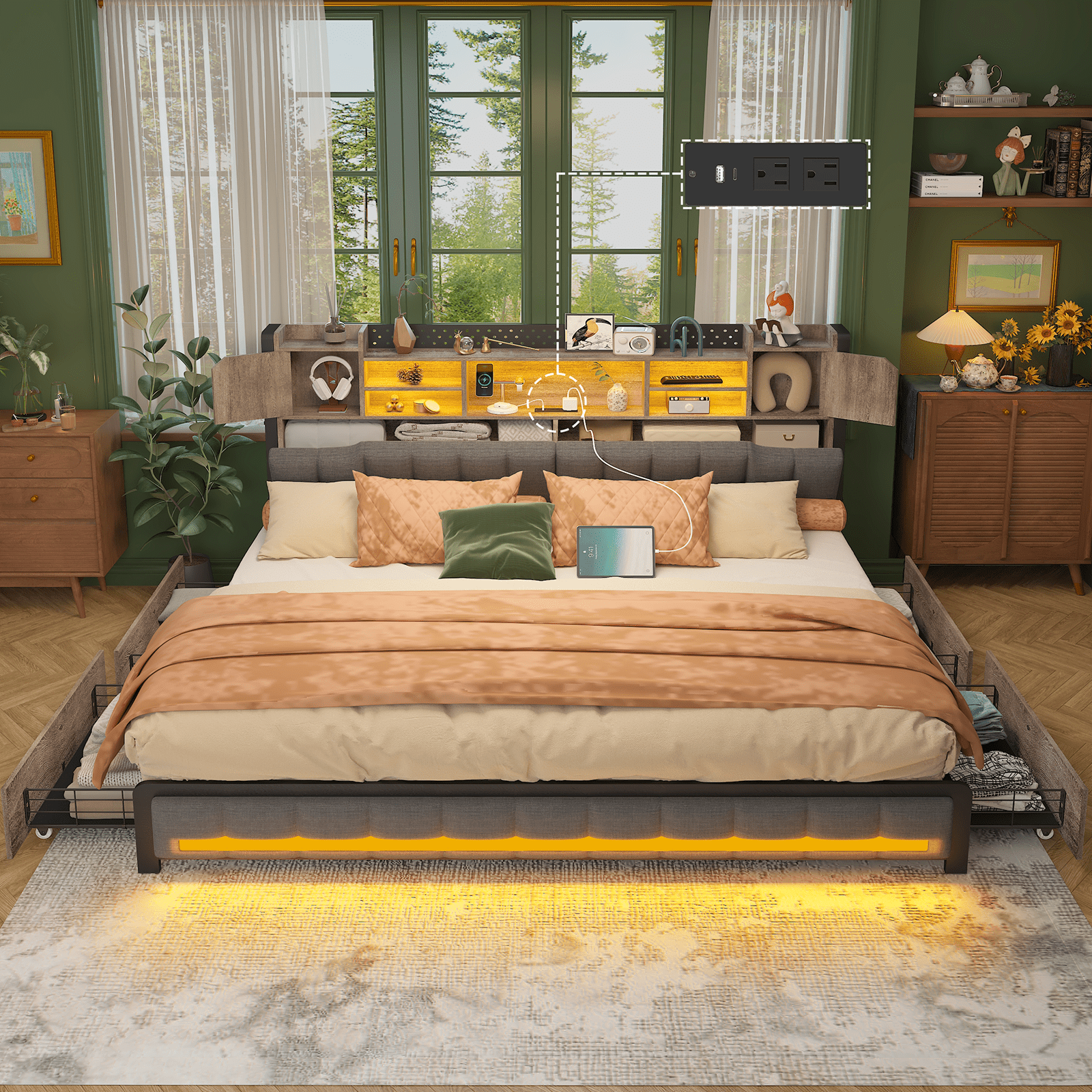 King Size Bed Frame and Bookcase Headboard & Storage Drawers, LED Upholstered Platform Bed Frame King Size with USB Charging Station, No Box Spring Needed, Easy Assembly, Oak Gray