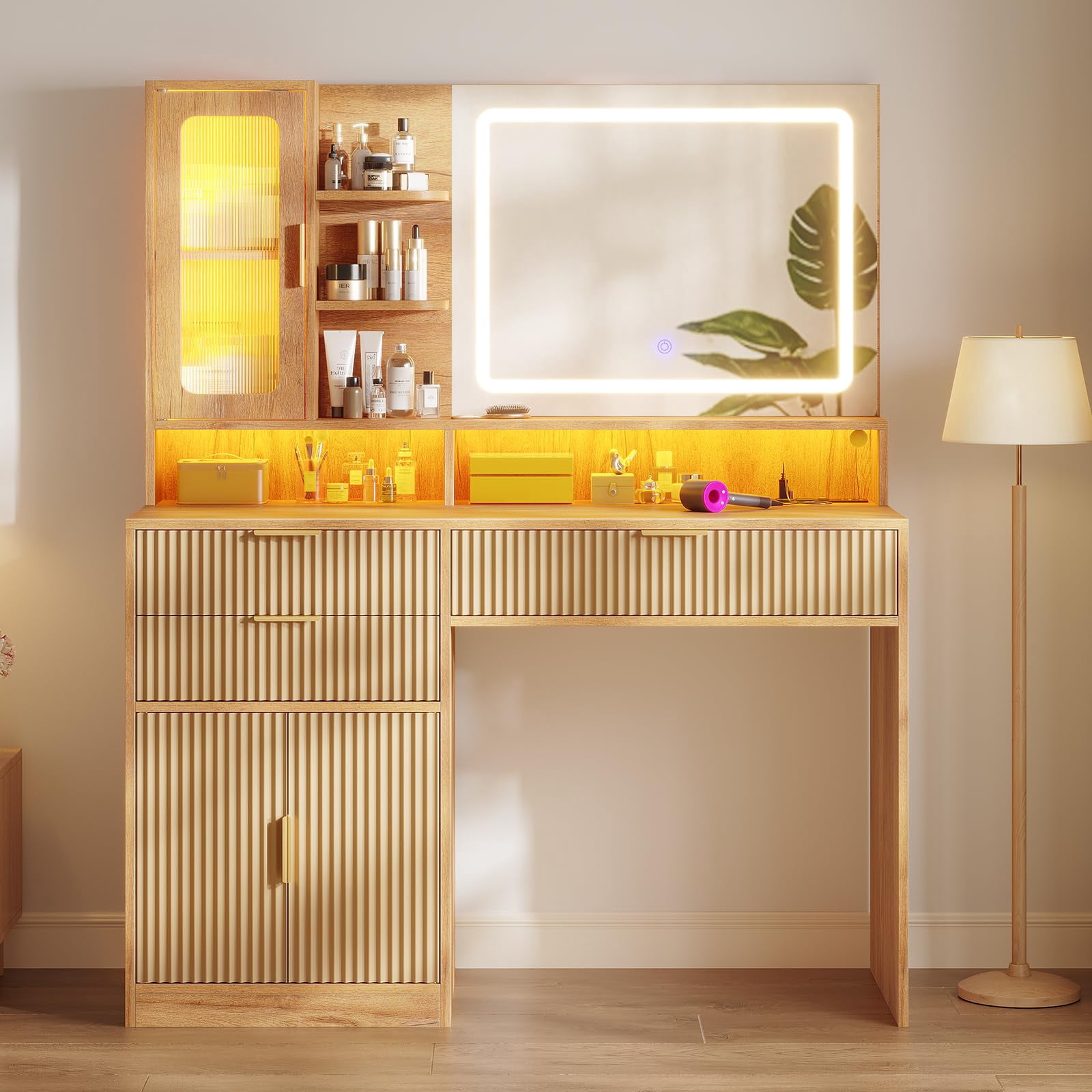 Fluted Makeup Vanity Desk with Touch Screen Mirror and Lights, Wood Vanity Table with Charging Station & LED Lights, with 3 Drawers & Cabinet & Shelves, Oak