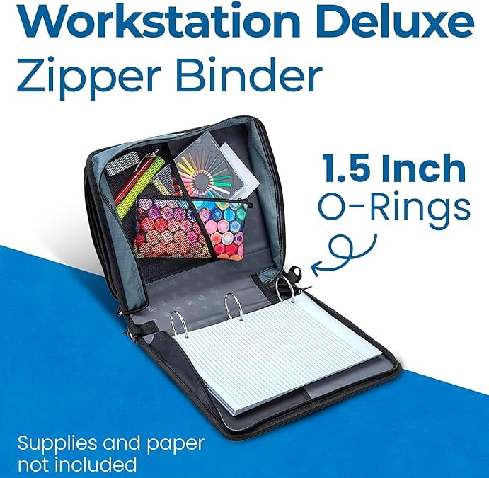 Case-it Workstation Zipper Binder 6 Pack - 1.5 Inch O-Rings - Padded Pocket that holds up to 13 Inch Laptop/Tablet - Multiple Pockets - 300 Page Capacity - Comes with Shoulder Strap - LT-117-C, Black