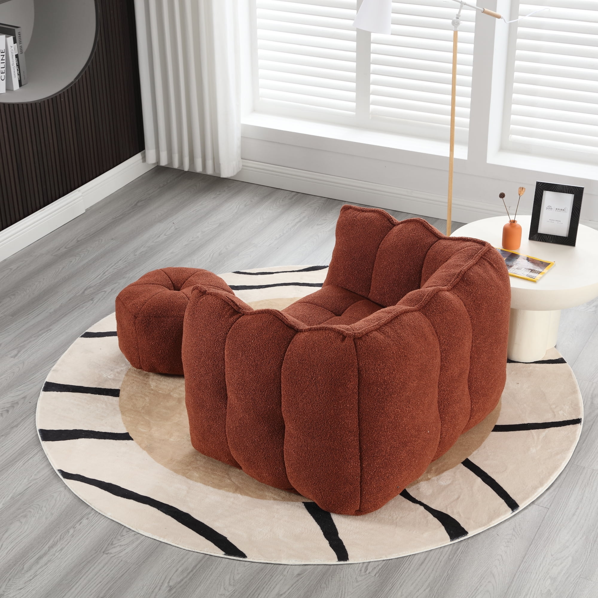 Bean Bag Chair with Footstool, Soft Lightweight Filled Bean Bag Sofa Chair with High Resilient Foam, Chenille Adult Bean Bag Chair with Armrests for Adults to Game, Read, Watch TV, Red Brown