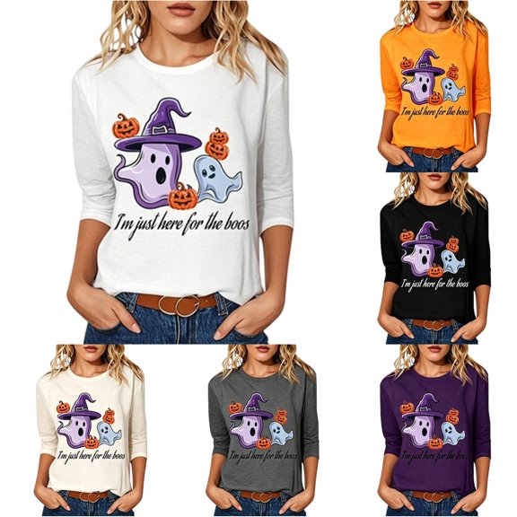 Yuhangmm Halloween Shirts for Women Casual Women T Shirts Short Sleeve Crew Neck Graphic Print for Everyday Comfort and Style White S