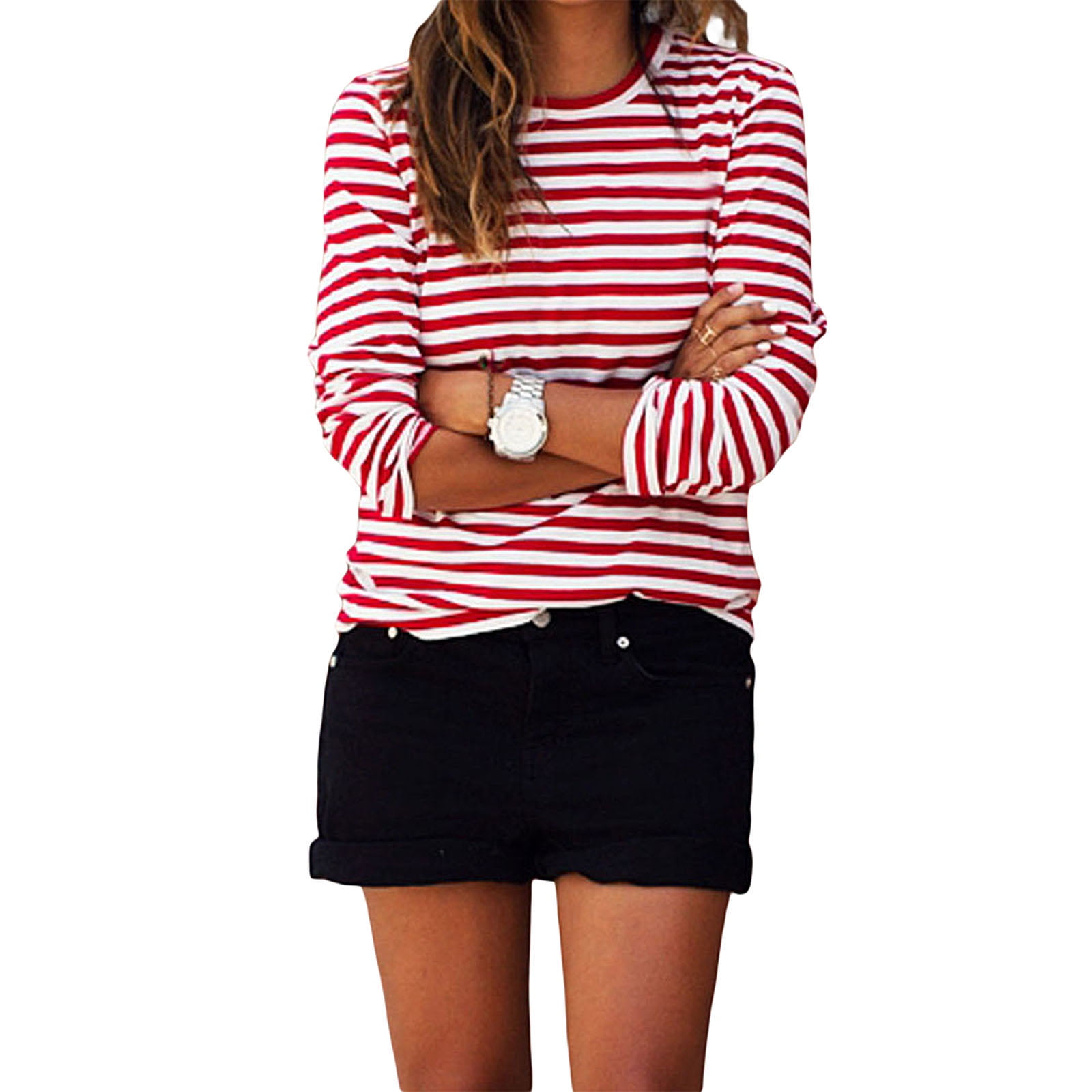 FINELOOK Women Red White Striped Casual 