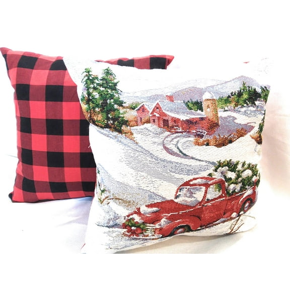 Christmas Holiday Truck Plaid Decorative Throw Pillow, 17"x17", 2 Pack Buffalo Check Plaid