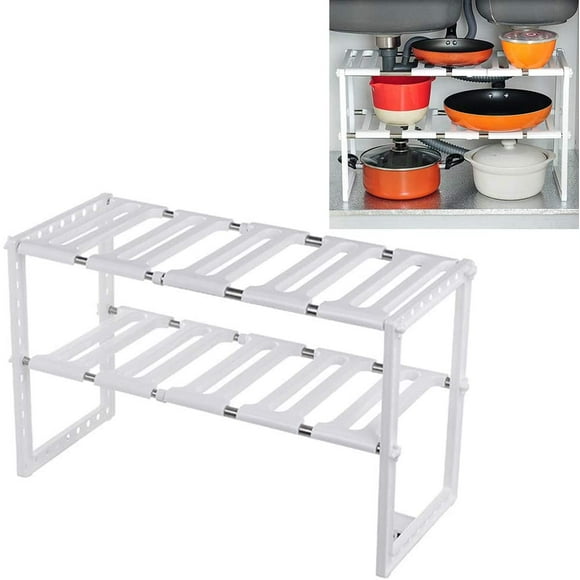 2 Tier Expandable Under Sink Shelf, Movable Multifunctional Kitchen Shelf Organizer Rack, Under Sink Storage Organizer for Bathroom Livingroom Bedroom Closet Kitchen Cabinet Shoe Spices, White
