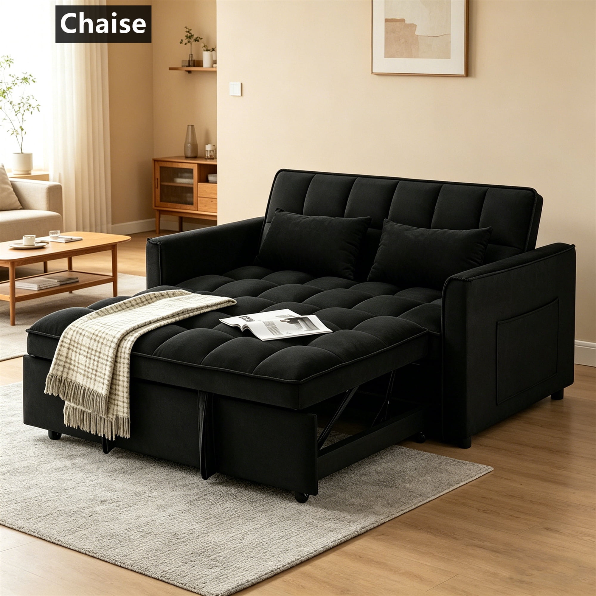 Aukfa 54" Chaise Futon Convertible Loveseat Sleeper Sofa, 2Pillows, Full Size, Velvet, Black