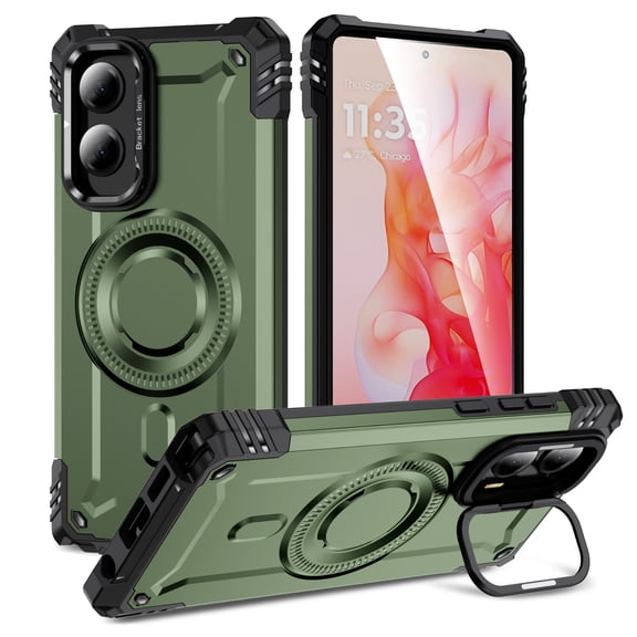 Designed for Motorola Moto G Stylus 5G 2024 Armor Case with Camera Cover Stand, Shockproof Protection Compatible with MagSafe Rugged Case Cover, Support Car Magnetic Holder - Armygreen