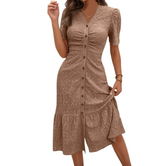 Women's Fashion Round Neck Short Sleeve Solid Color Button Dress