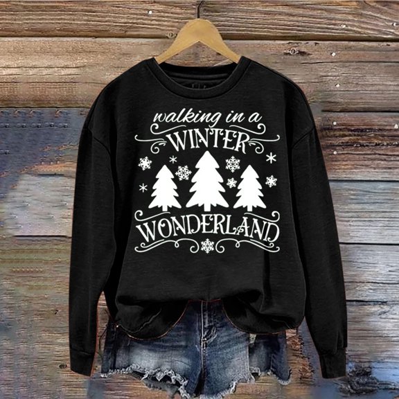 Idoravan Womens Christmas Graphic Sweatshirts Women's Christmas Printed Round Neck Long Sleeved Top Loose Fitting Sweater Black S