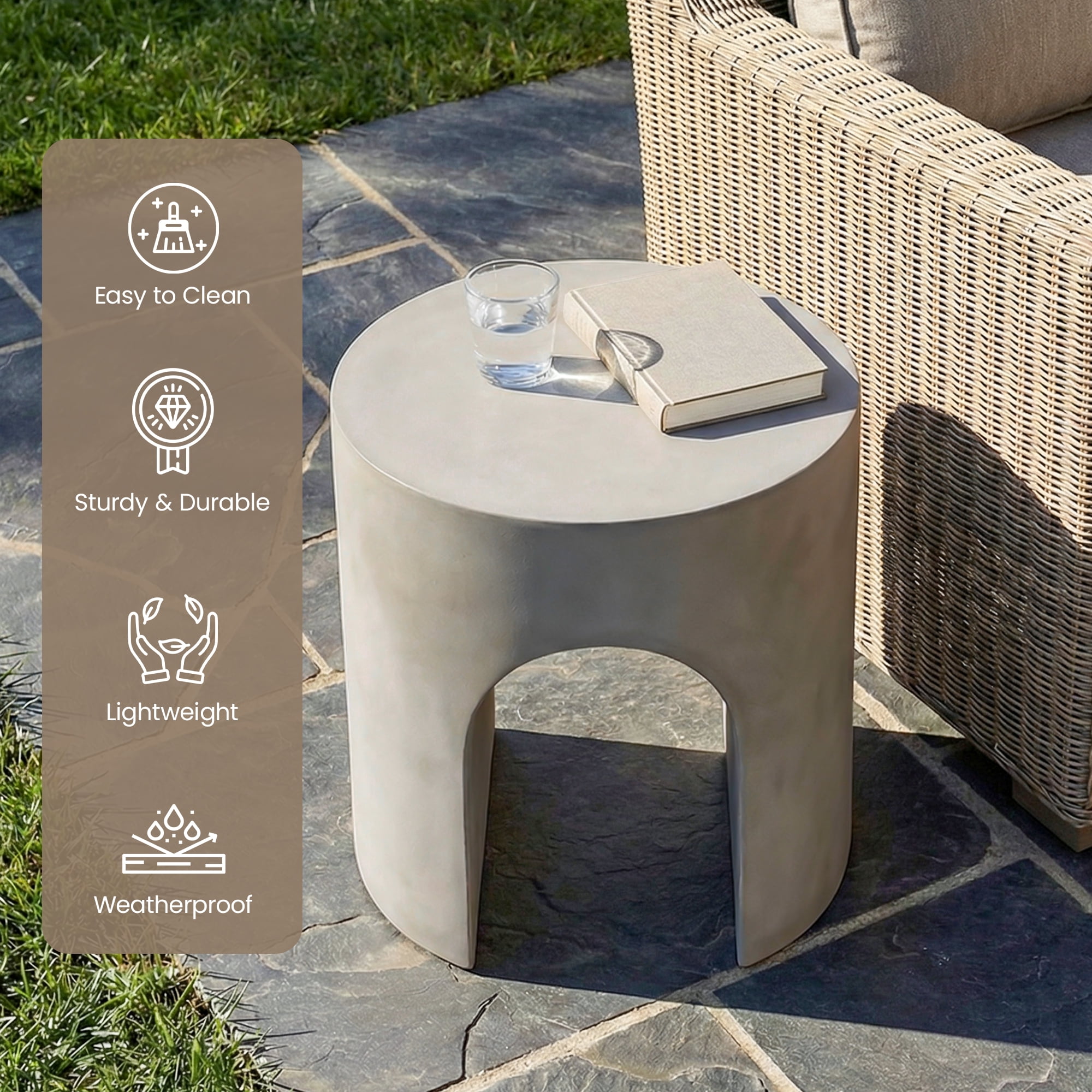 FOROUTIA 15.7" Gray Arch Side Table, Waterproof Magnesium Oxide Accent Table, Modern Indoor Outdoor End Table for Patio, Living Room, Bedroom, Small Space Stool