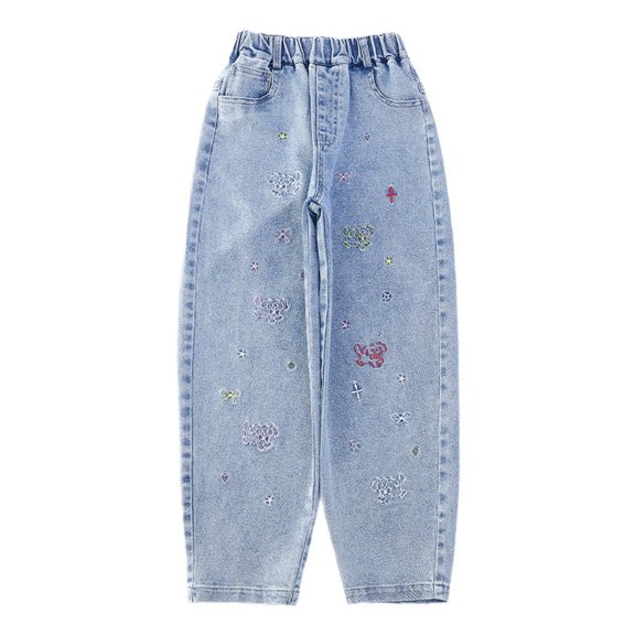 Liyamei Girls Denim Pants High Waisted Straight Leg Casual Trousers For Kids Comfortable Stretch Elastic Waistband Durable Soft Fabric Outdoor Play Everyday Wear Girls Denim Jeans Size Blue 4-5 Years