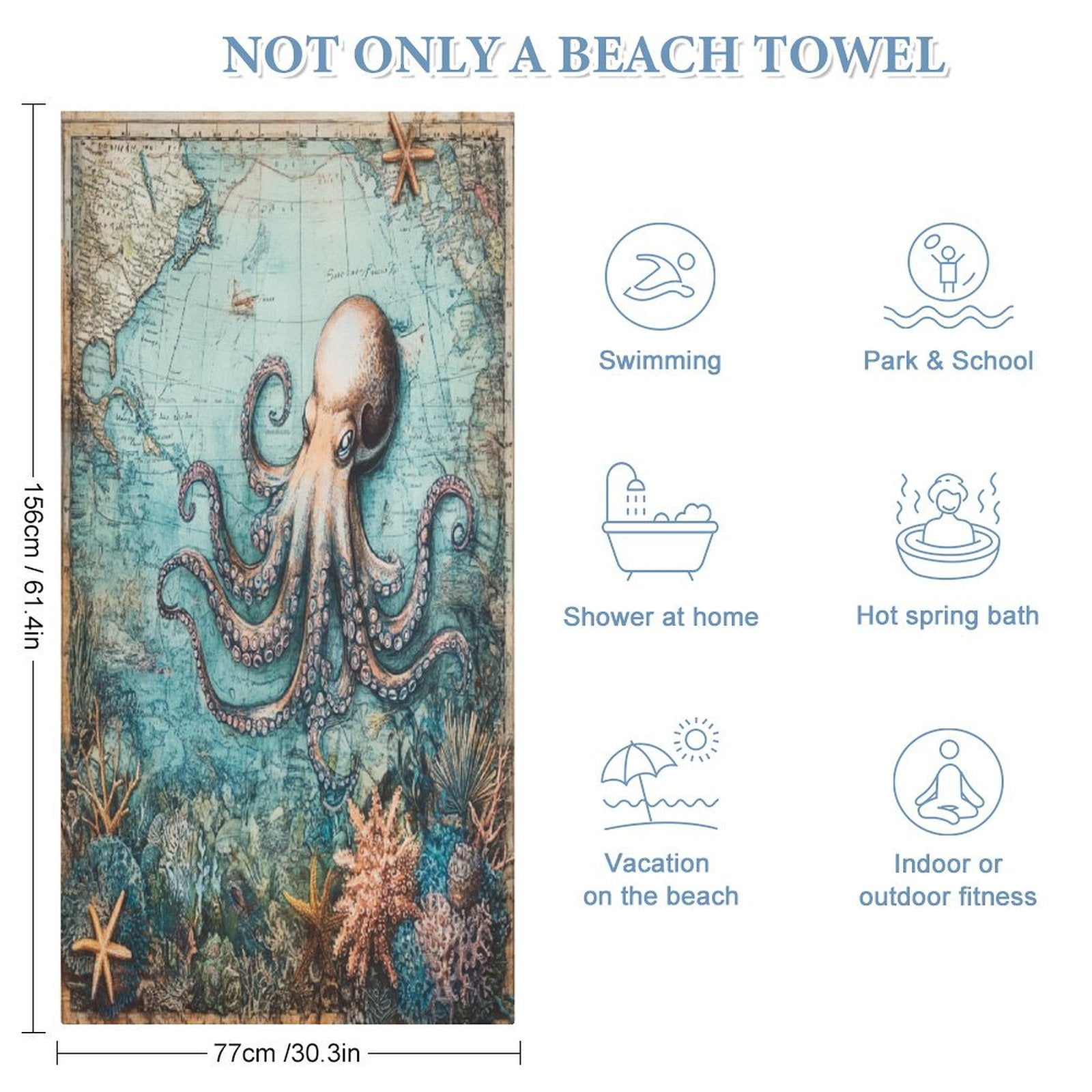 Coastal Octopus Modern Nautical Painting Beach Towel Quick-Dry & Super Absorbent Sand Proof Beach Towels Cute Nautical Animal Camping Towels for Travel Sports Pool Swimming Bath Yoga 30x60 inch