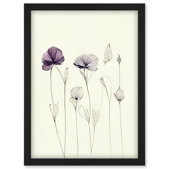 Stylish Minimalist Flower Illustration Line Drawing With Purple Ink Artwork Framed Wall Art Print A4