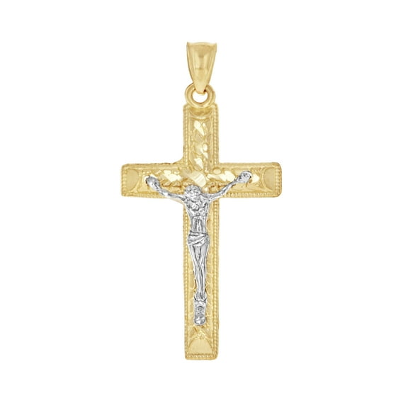 10kt Real Two-Tone Gold Mens Women Nugget Textured Crucifix Cross Religious Charm Pendant