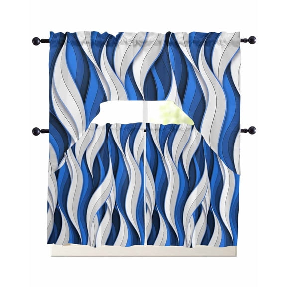 Blue White Moire Swag Curtains for Living Room/Bedroom Windows, Modern Abstract Art Kitchen Curtains and Valances Set 36 Inch Length, Light Filtering Swags Valance Curtain Panels
