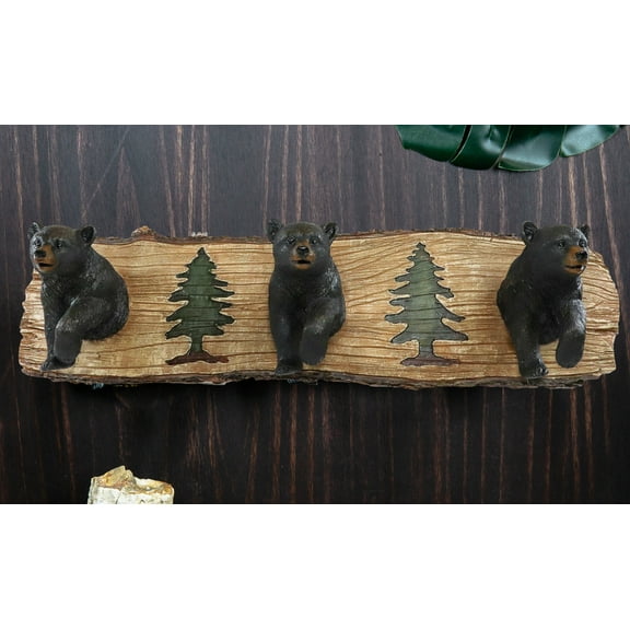 Rustic Forest Strolling Black Bears by Pine Trees 3 Pegs Wall Hooks Plaque 16"