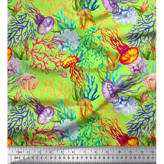 Soimoi Poly Georgette Fabric Coral & Jellyfish Ocean Print Fabric by Yard 52 Inch Wide