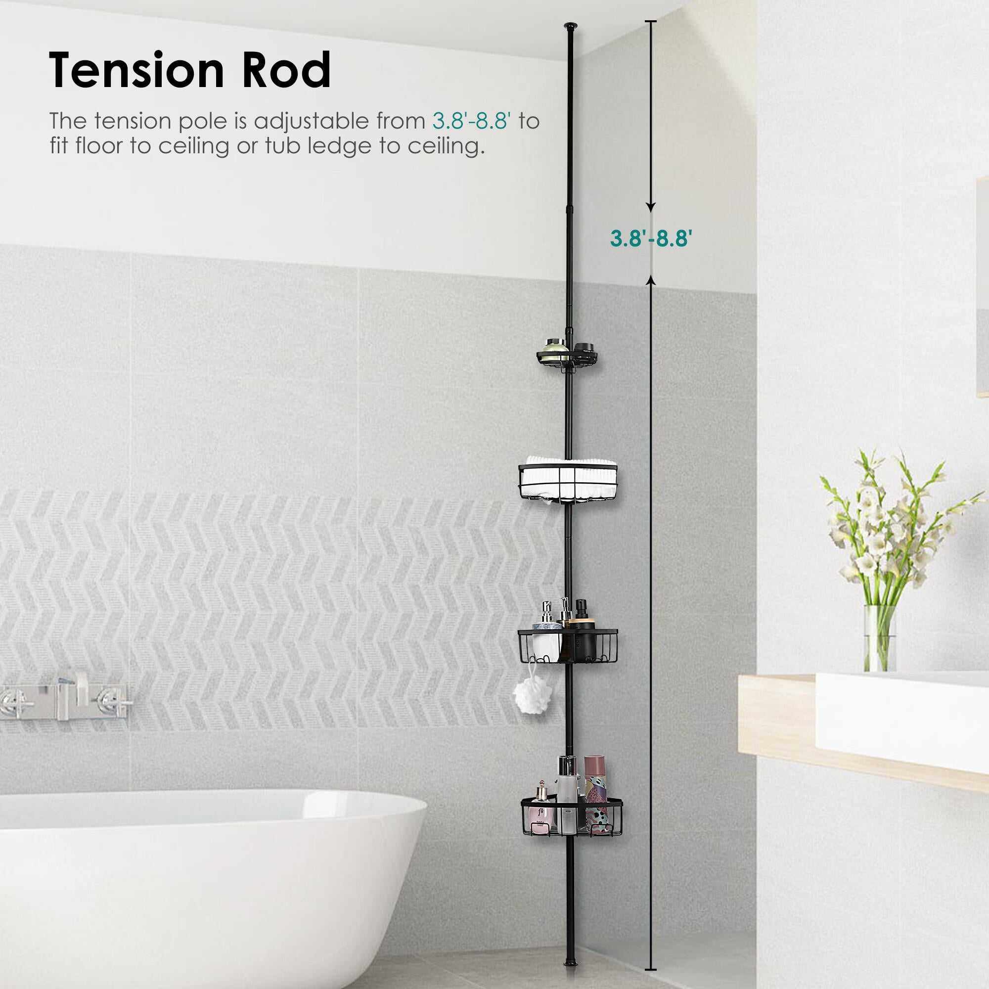 Étagère De Douche D'angle Réglable VEVOR 142-289,5 Cm - 4 Plateaux, Installation Sans Perçage, Antirouille
