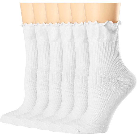 Minzimin Womens Socks, Ruffle Turn-Cuff Casual Crew Socks Breathable Cool Knit Cotton Lettuce Ankle Frilly Sock 6 Pack