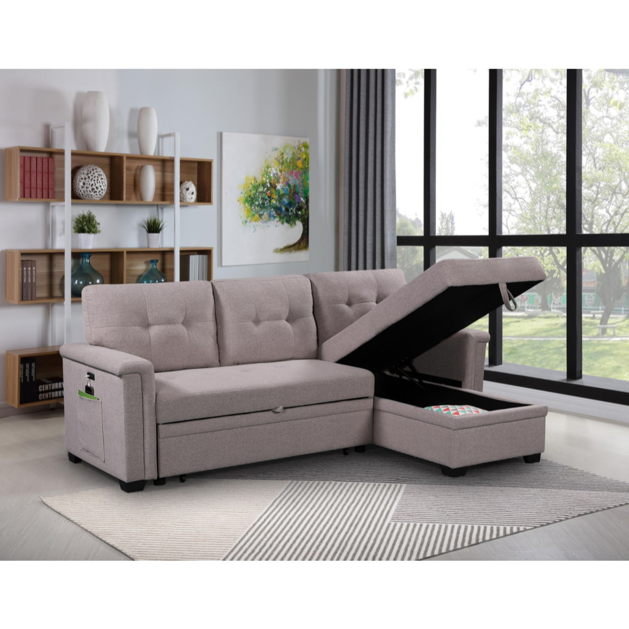 Ashlyn Light Gray Fabric Reversible Sleeper Sofa USB Charger
