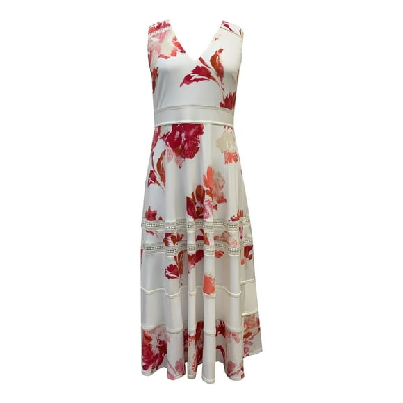 TAYLOR Womens White Stretch Zippered Lace Trim Printed Sleeveless V Neck Midi Fit + Flare Dress 6