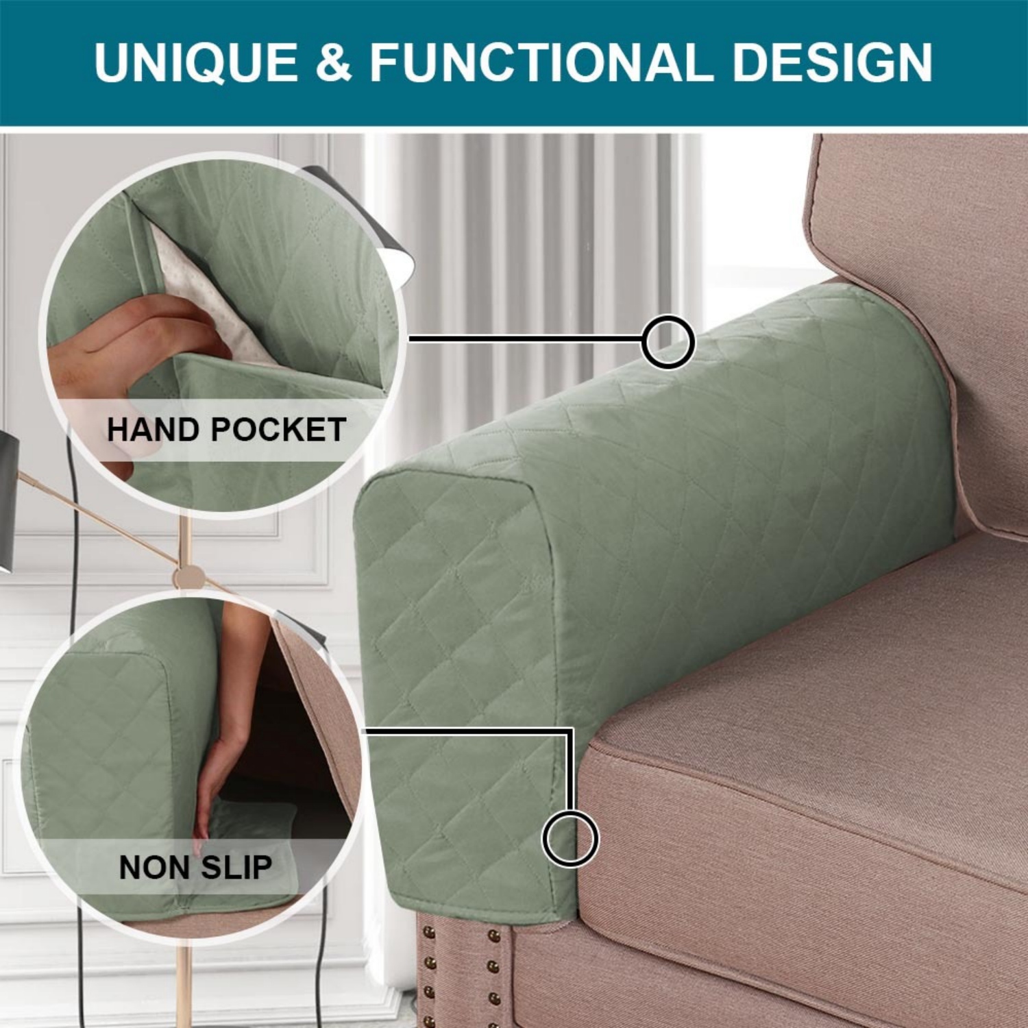 2 Pack Waterproof Armrest Covers Couch for Chairs and Sofas Couch Arm Covers with Side Pocket, Non-Slip Armrest Protectors Washable Armrest Slipcover (Green)